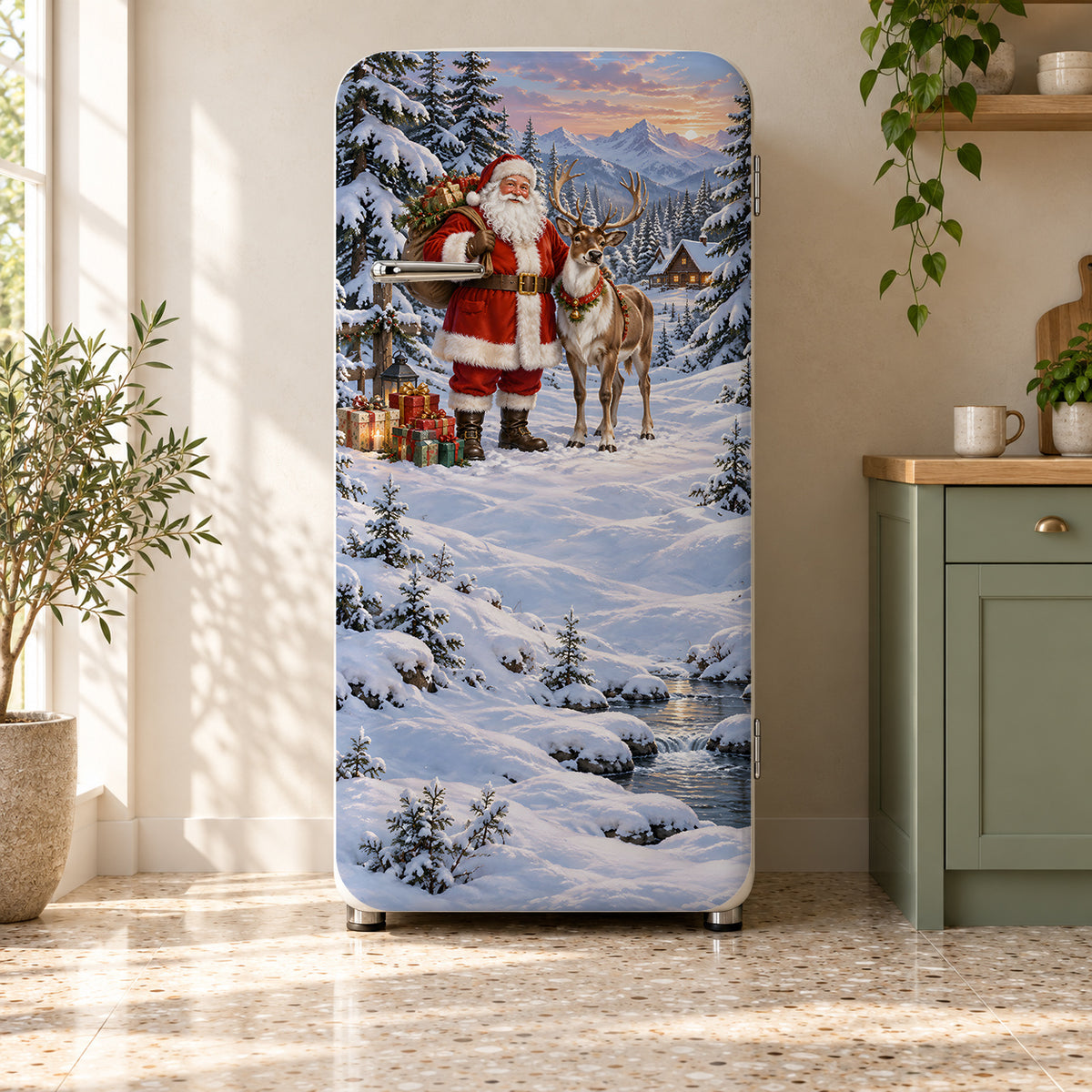 Santa & Reindeer fridge wrap on a retro refrigerator