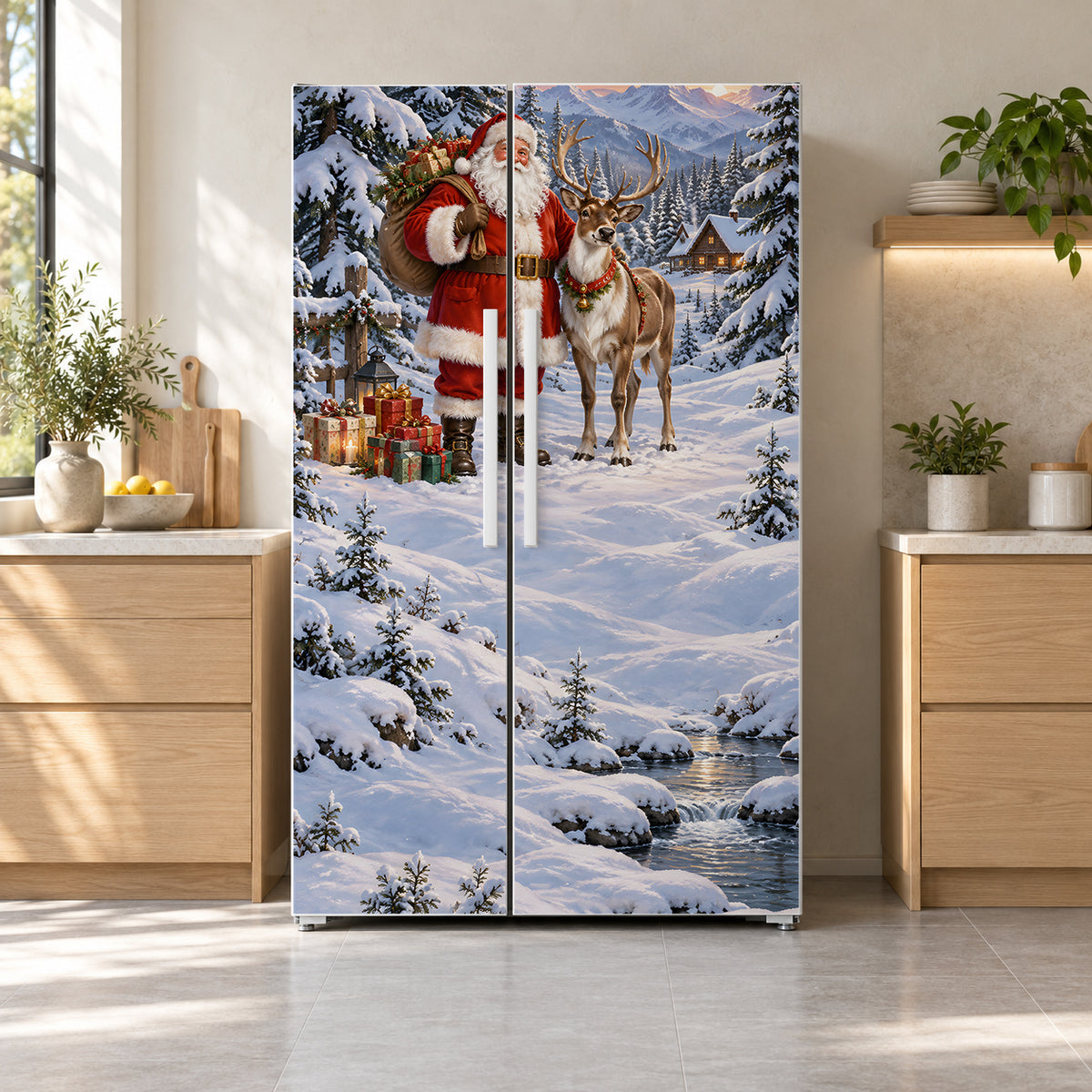 Santa & Reindeer fridge wrap on a side-by-side refrigerator