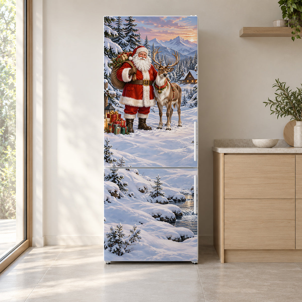 Santa & Reindeer fridge wrap on a white refrigerator in a bright kitchen