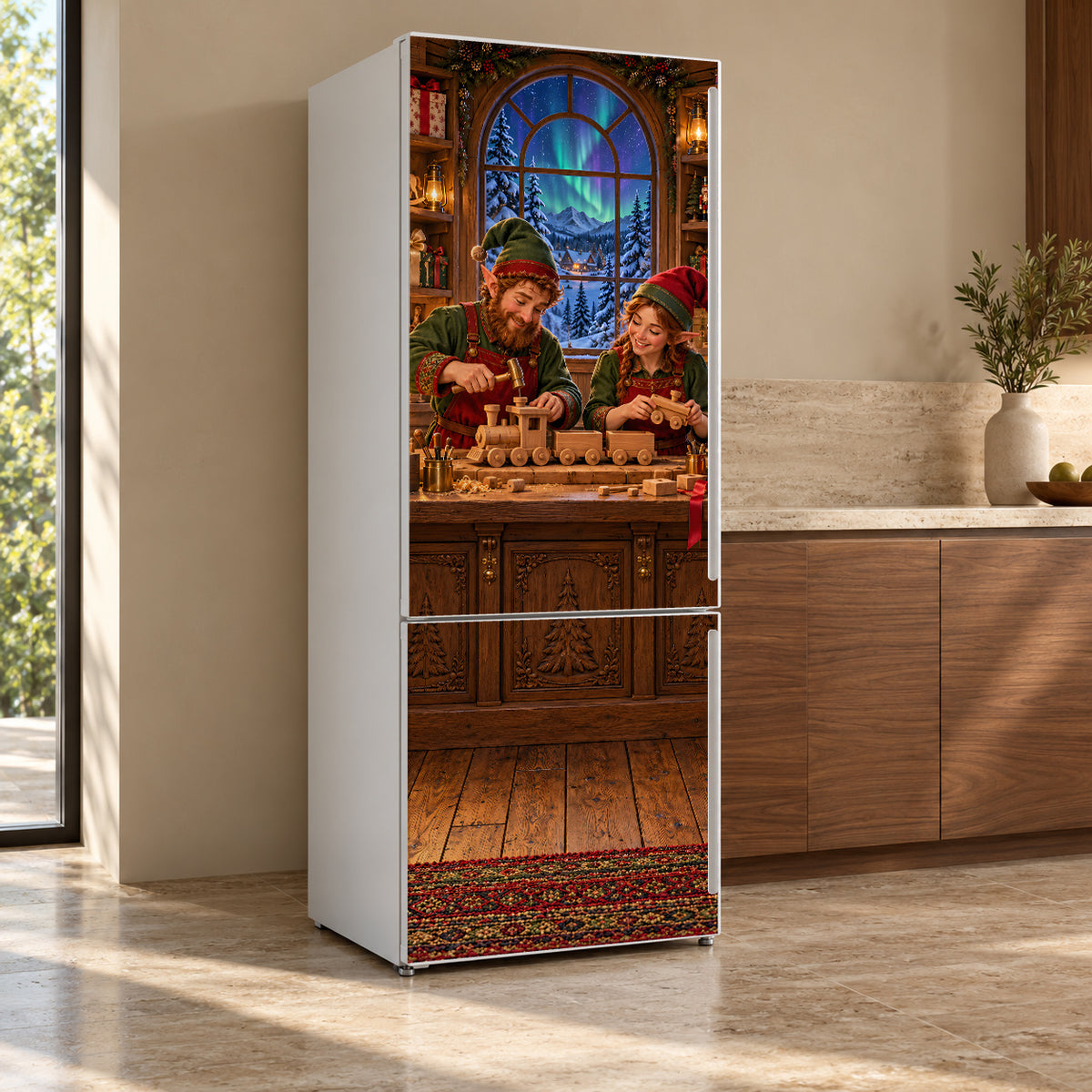 Santa's Workshop fridge wrap, refrigerator shown at an angle