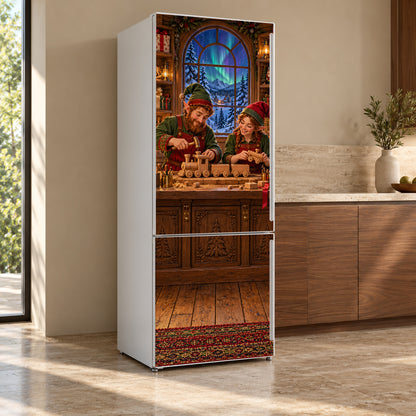 Santa's Workshop fridge wrap, refrigerator shown at an angle