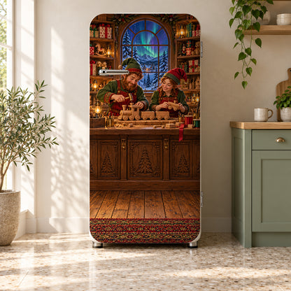 Santa's Workshop fridge wrap on a retro refrigerator