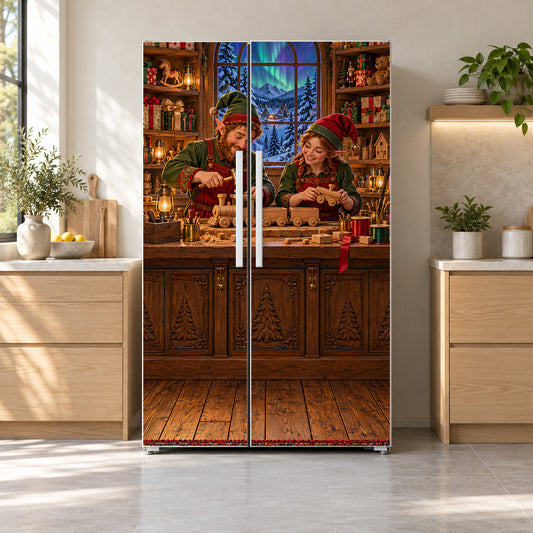 Santa's Workshop fridge wrap on a side-by-side refrigerator