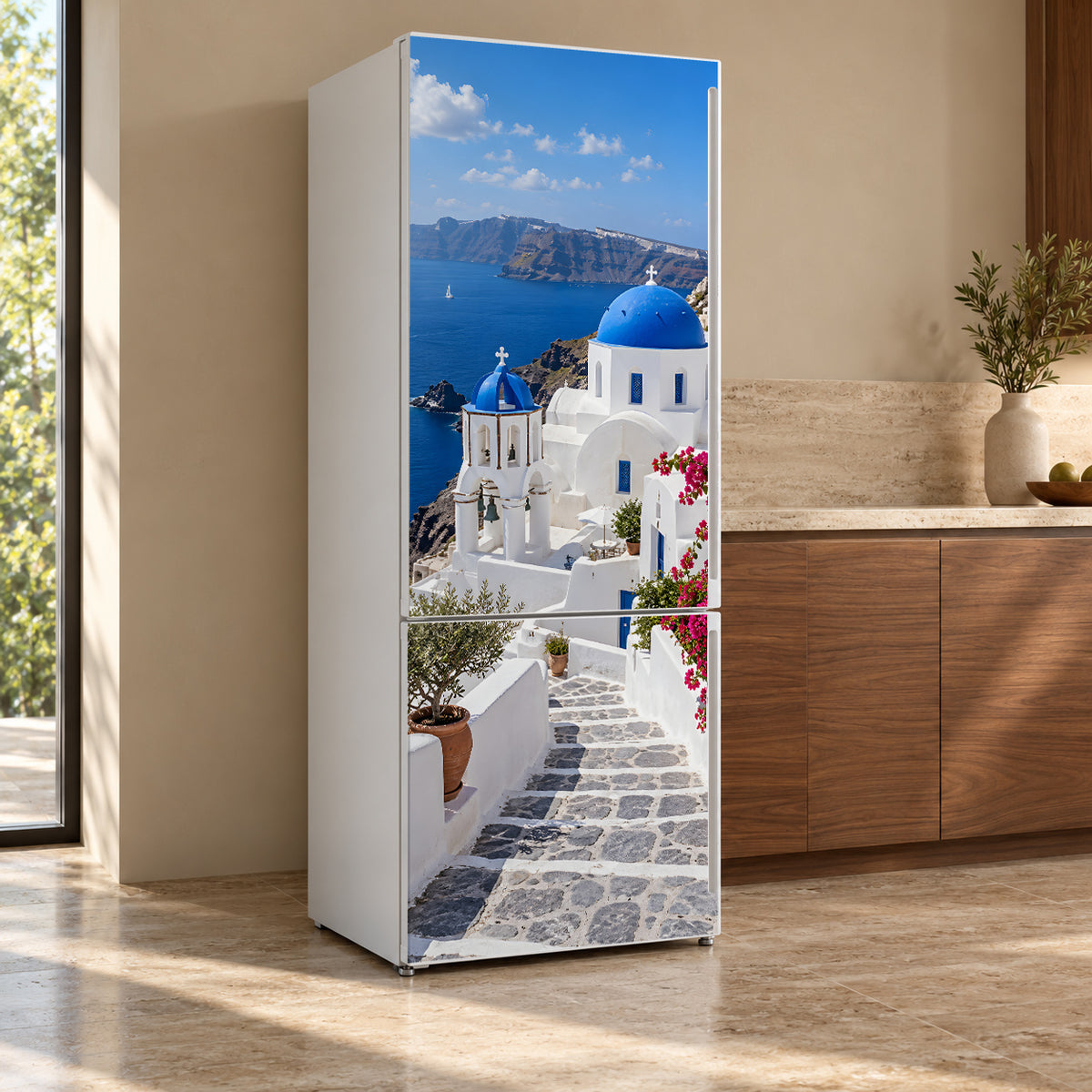 Santorini fridge wrap, refrigerator shown at an angle