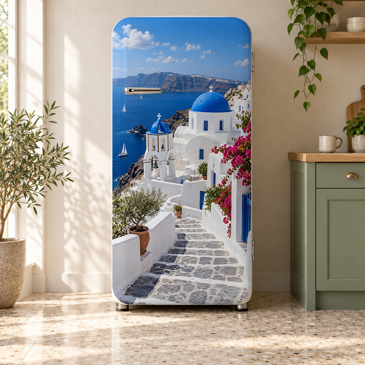 Santorini fridge wrap on a retro refrigerator
