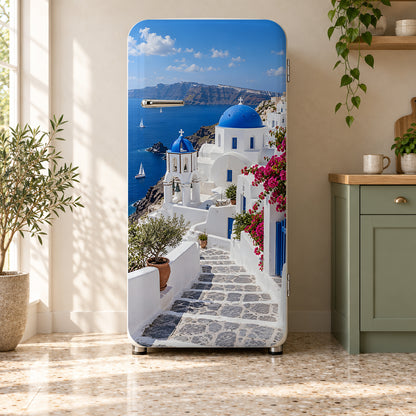 Santorini fridge wrap on a retro refrigerator
