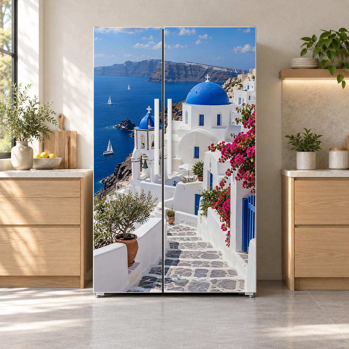 Santorini fridge wrap on a side-by-side refrigerator