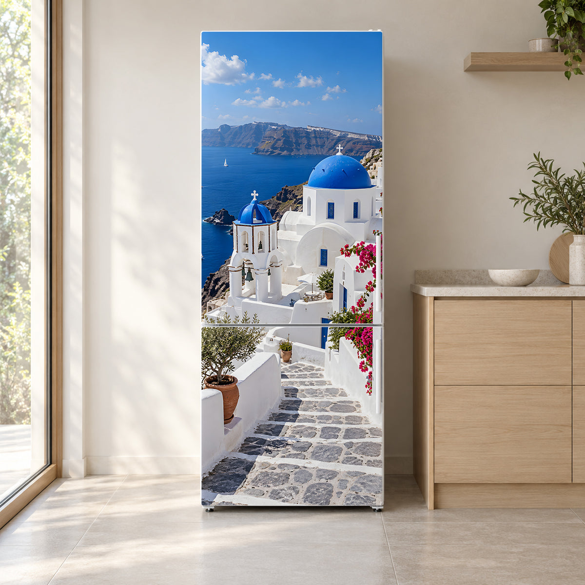 Santorini fridge wrap on a white refrigerator in a bright kitchen