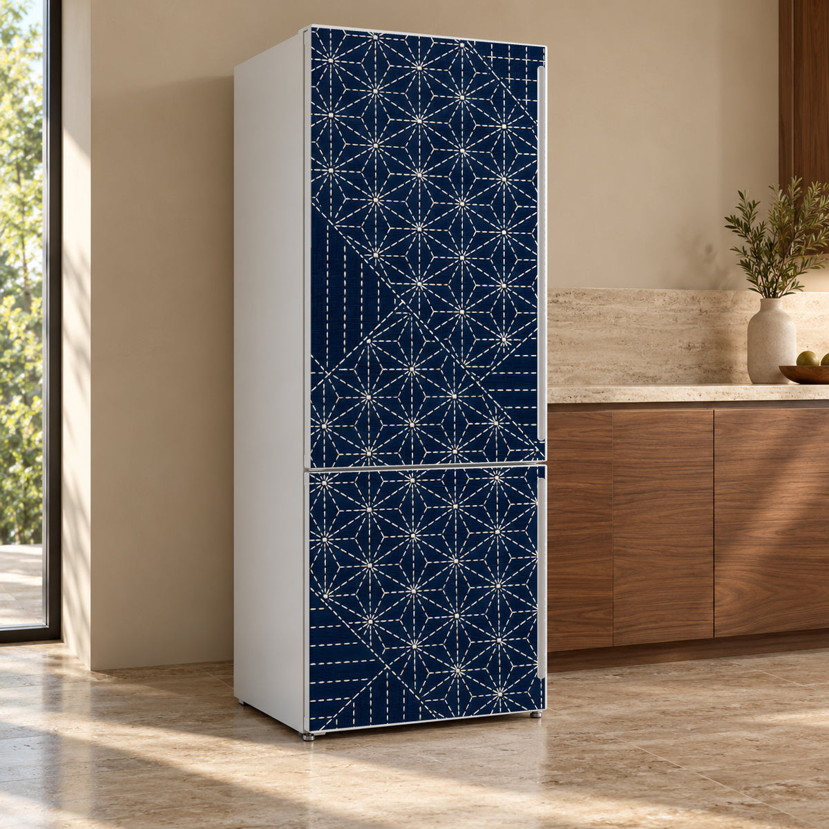 Sashiko Stitching fridge wrap, refrigerator shown at an angle