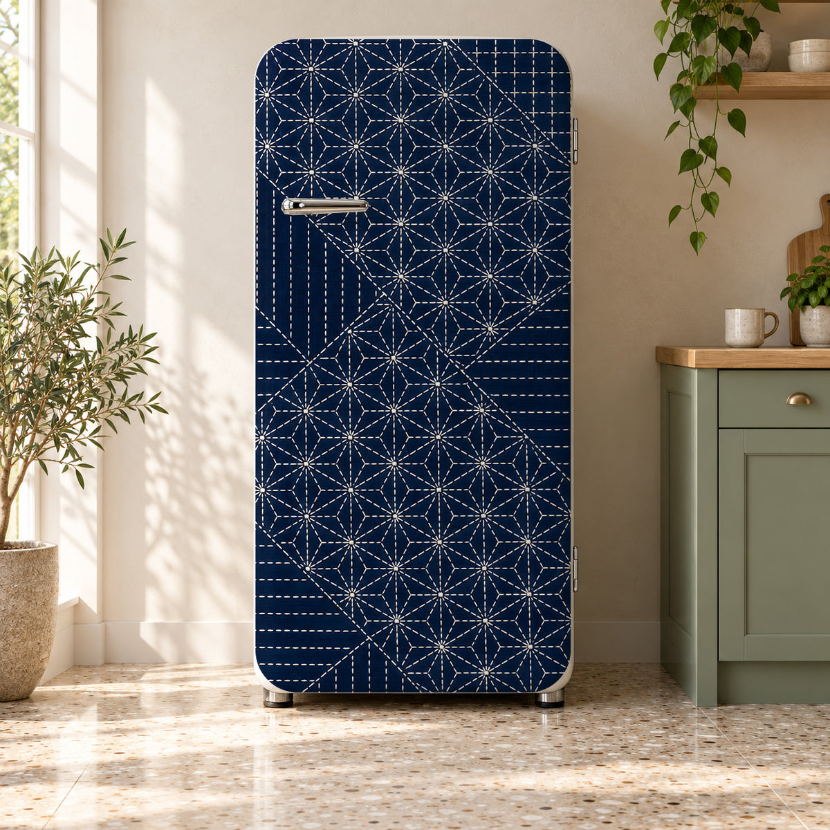Sashiko Stitching fridge wrap on a retro refrigerator