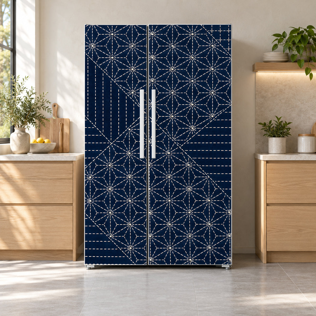 Sashiko Stitching fridge wrap on a side-by-side refrigerator