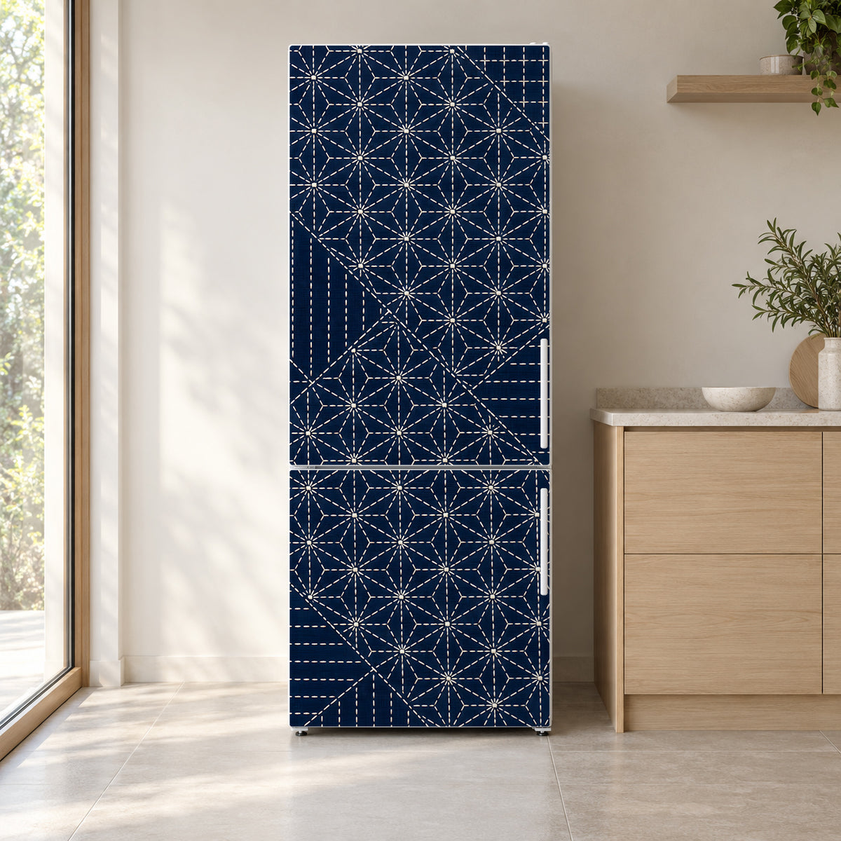 Sashiko Stitching fridge wrap on a white refrigerator in a bright kitchen