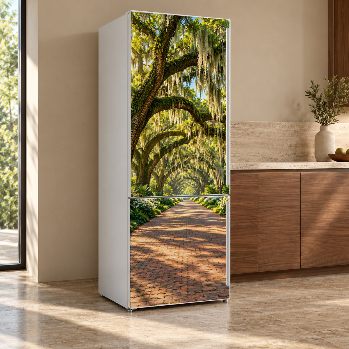 Savannah Oaks & Spanish Moss fridge wrap, refrigerator shown at an angle