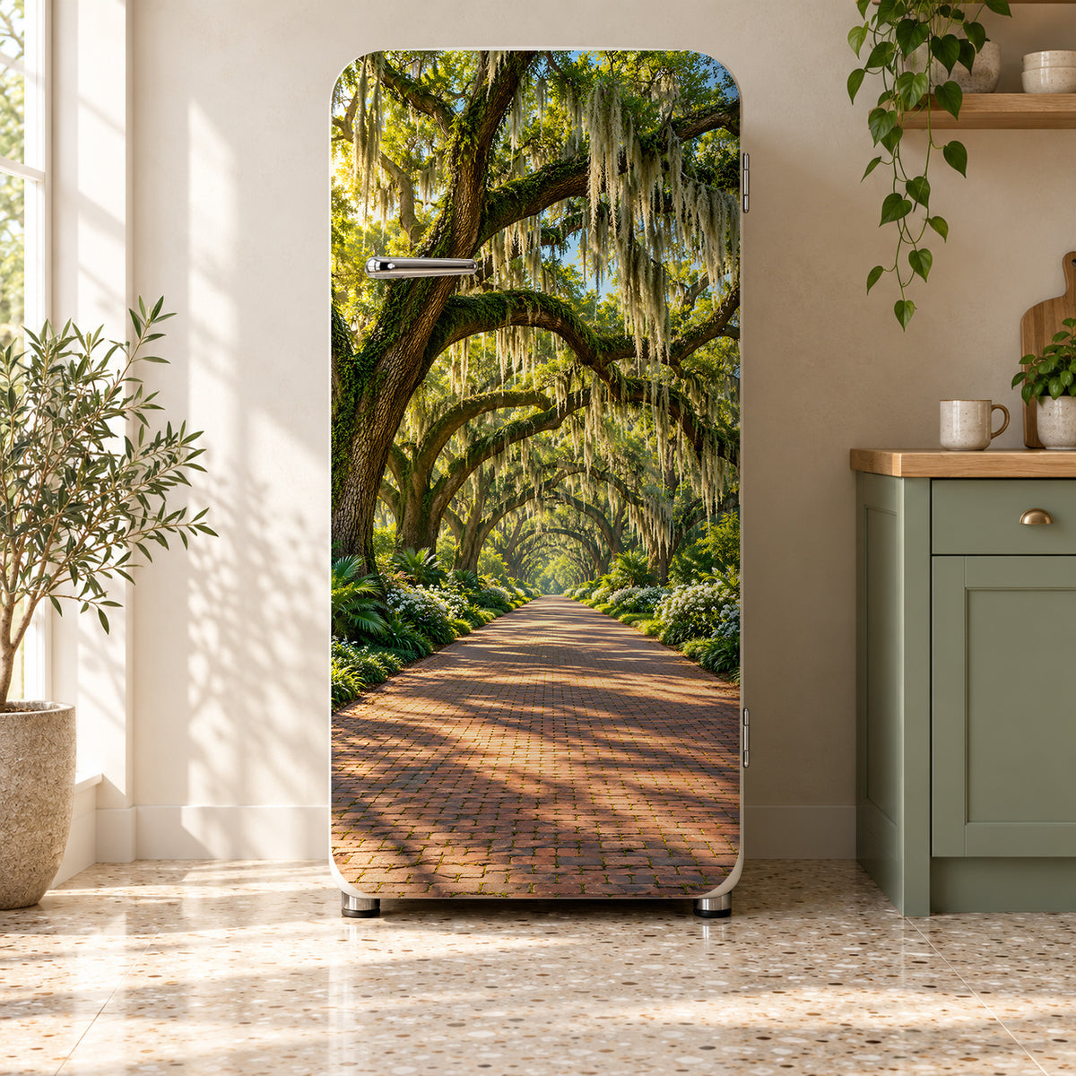 Savannah Oaks & Spanish Moss fridge wrap on a retro refrigerator
