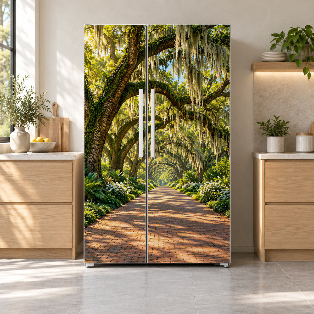 Savannah Oaks & Spanish Moss fridge wrap on a side-by-side refrigerator