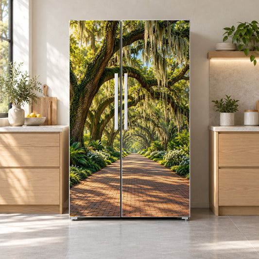 Savannah Oaks & Spanish Moss fridge wrap on a side-by-side refrigerator