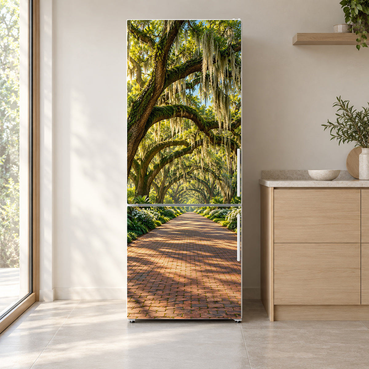 Savannah Oaks & Spanish Moss fridge wrap on a white refrigerator in a bright kitchen
