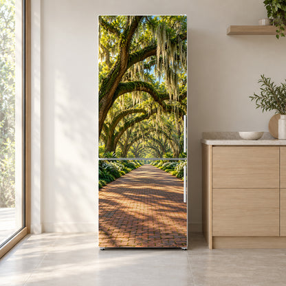 Savannah Oaks & Spanish Moss fridge wrap on a white refrigerator in a bright kitchen