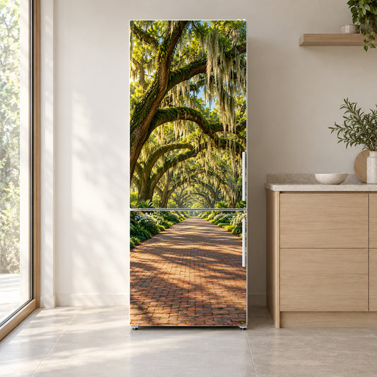 Savannah Oaks & Spanish Moss fridge wrap on a white refrigerator in a bright kitchen
