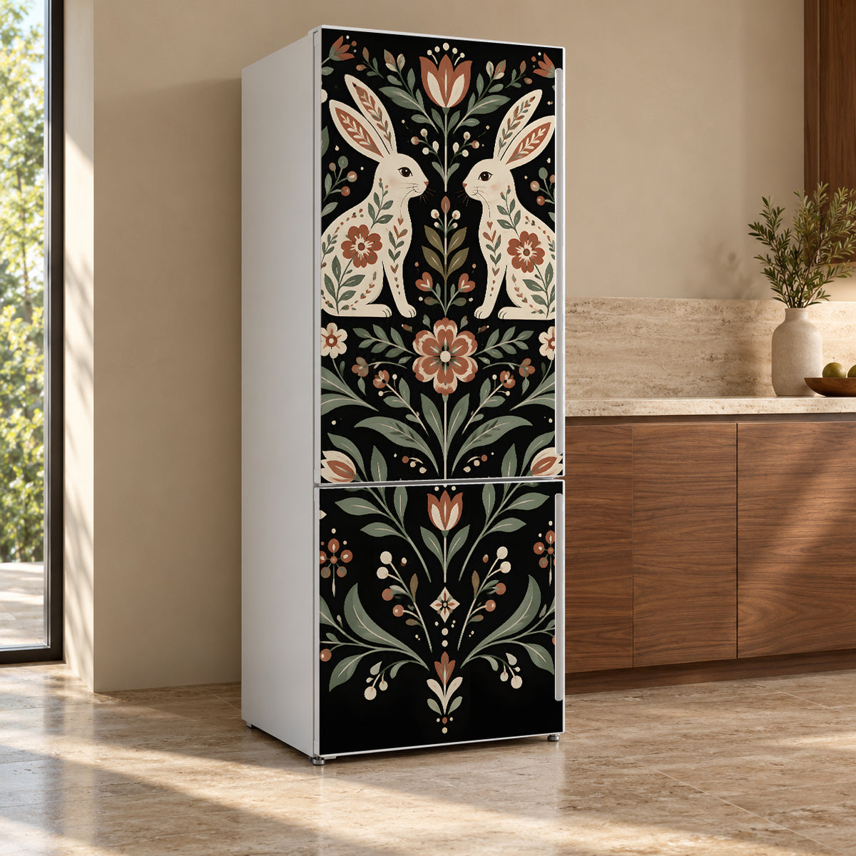 Scandinavian Folk Rabbits fridge wrap, refrigerator shown at an angle