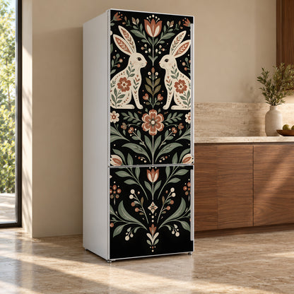 Scandinavian Folk Rabbits fridge wrap, refrigerator shown at an angle