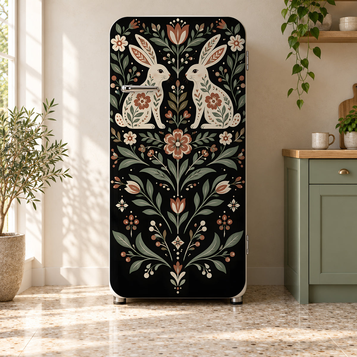 Scandinavian Folk Rabbits fridge wrap on a retro refrigerator