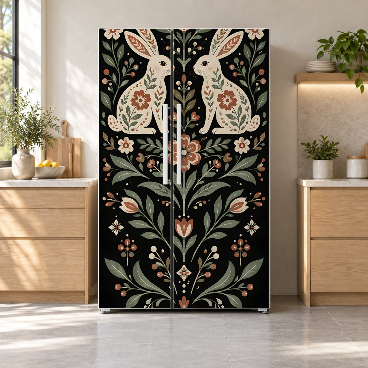 Scandinavian Folk Rabbits fridge wrap on a side-by-side refrigerator