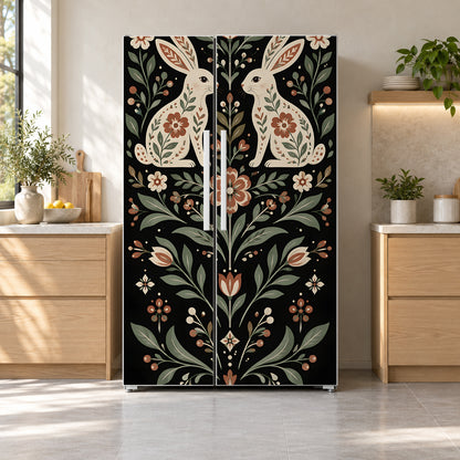 Scandinavian Folk Rabbits fridge wrap on a side-by-side refrigerator