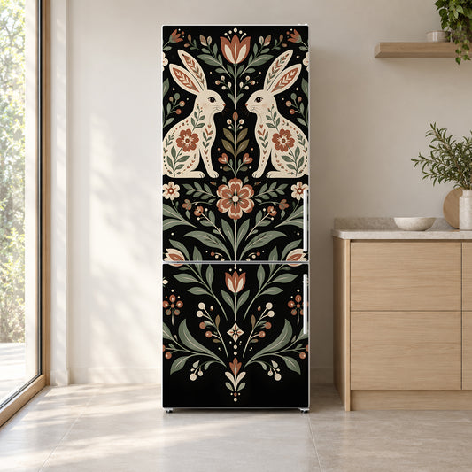 Scandinavian Folk Rabbits fridge wrap on a white refrigerator in a bright kitchen