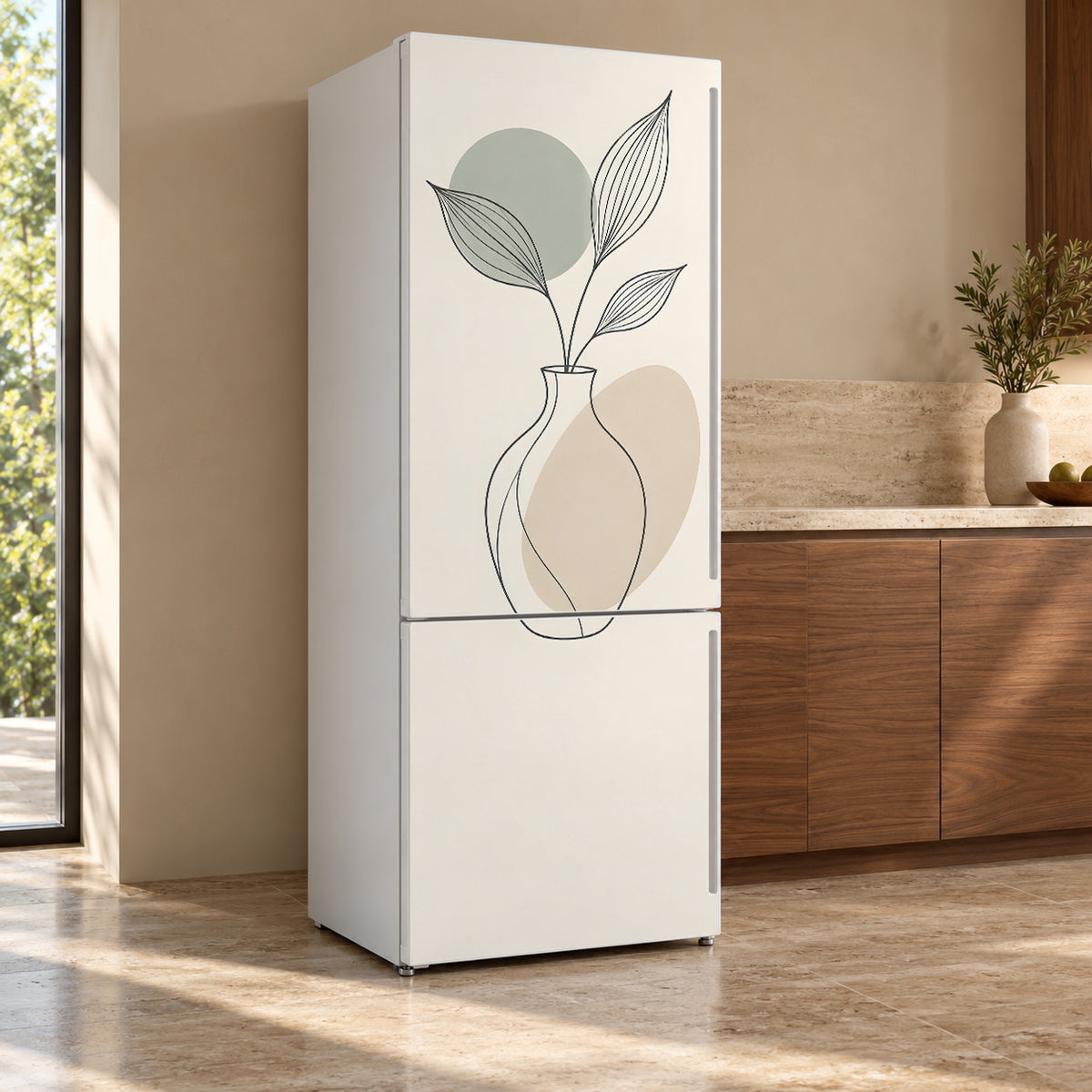 Scandinavian Line Art fridge wrap, refrigerator shown at an angle