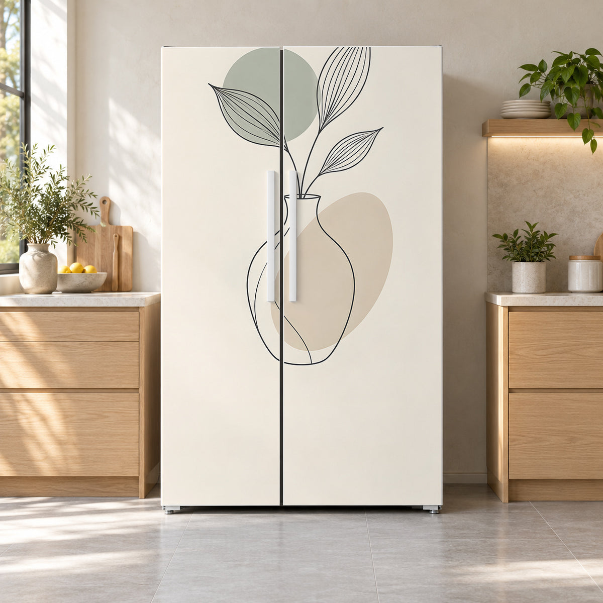 Scandinavian Line Art fridge wrap on a side-by-side refrigerator