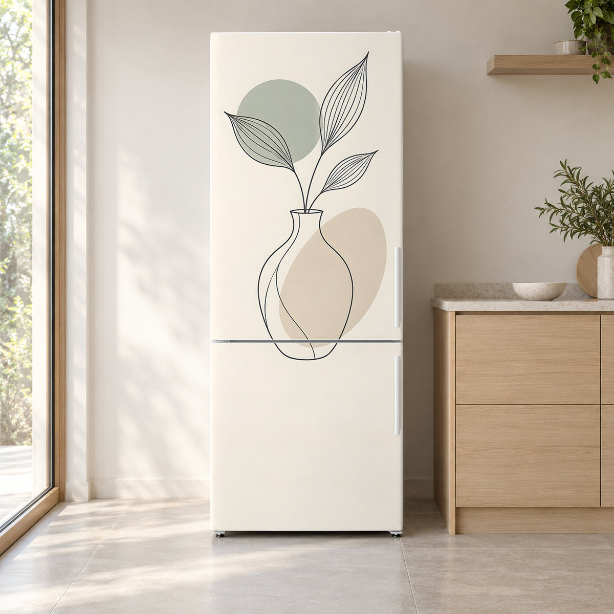 Scandinavian Line Art fridge wrap on a white refrigerator in a bright kitchen