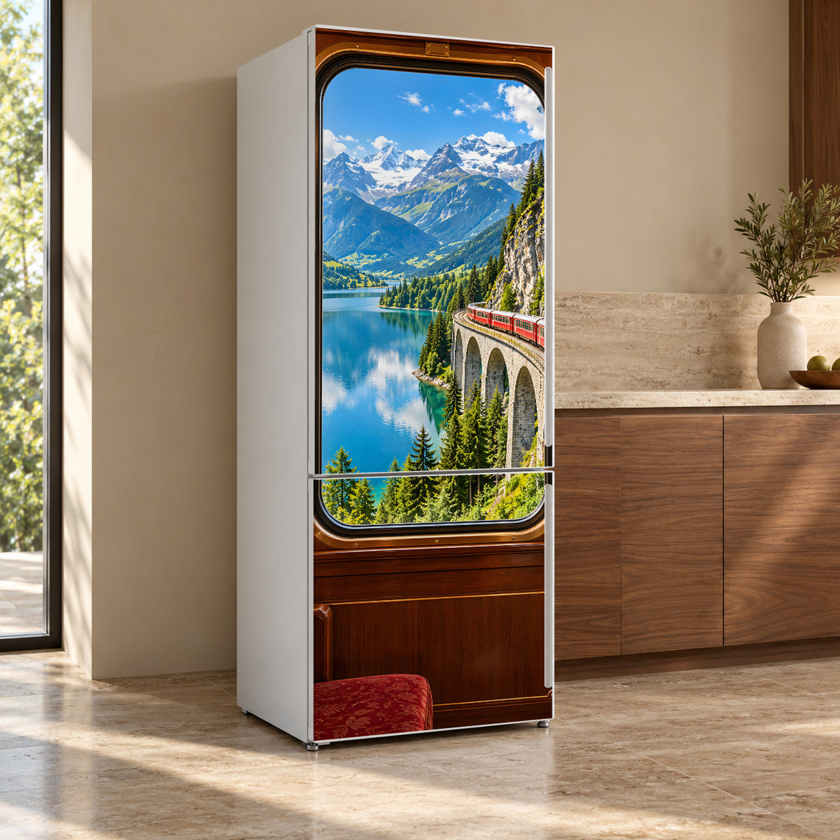 Scenic Train Window fridge wrap, refrigerator shown at an angle