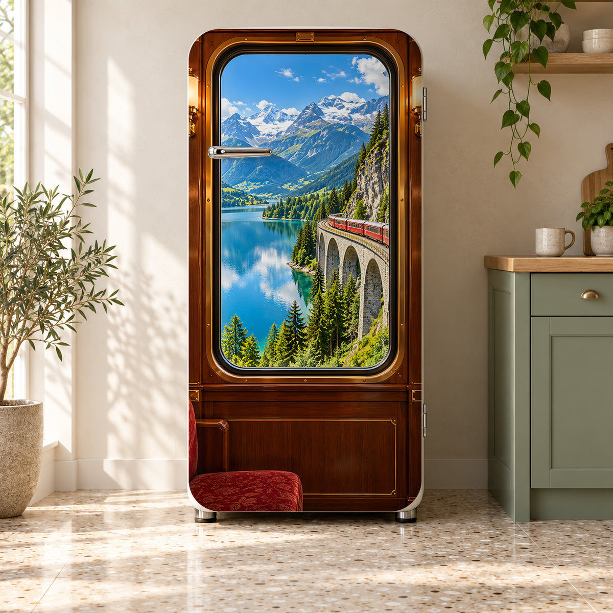 Scenic Train Window fridge wrap on a retro refrigerator