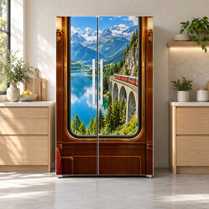 Scenic Train Window fridge wrap on a side-by-side refrigerator