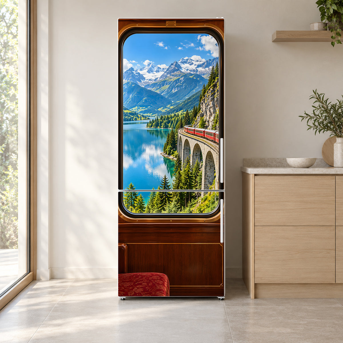 Scenic Train Window fridge wrap on a white refrigerator in a bright kitchen