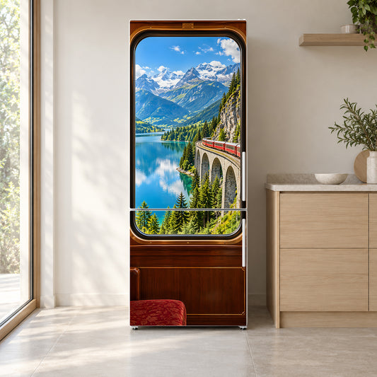 Scenic Train Window fridge wrap on a white refrigerator in a bright kitchen
