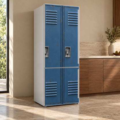 School Lockers fridge wrap, refrigerator shown at an angle