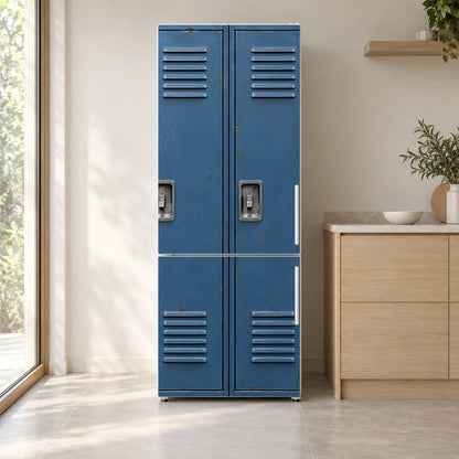 School Lockers fridge wrap on a white refrigerator in a bright kitchen