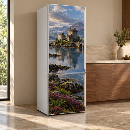 Scottish Highlands Castle fridge wrap, refrigerator shown at an angle