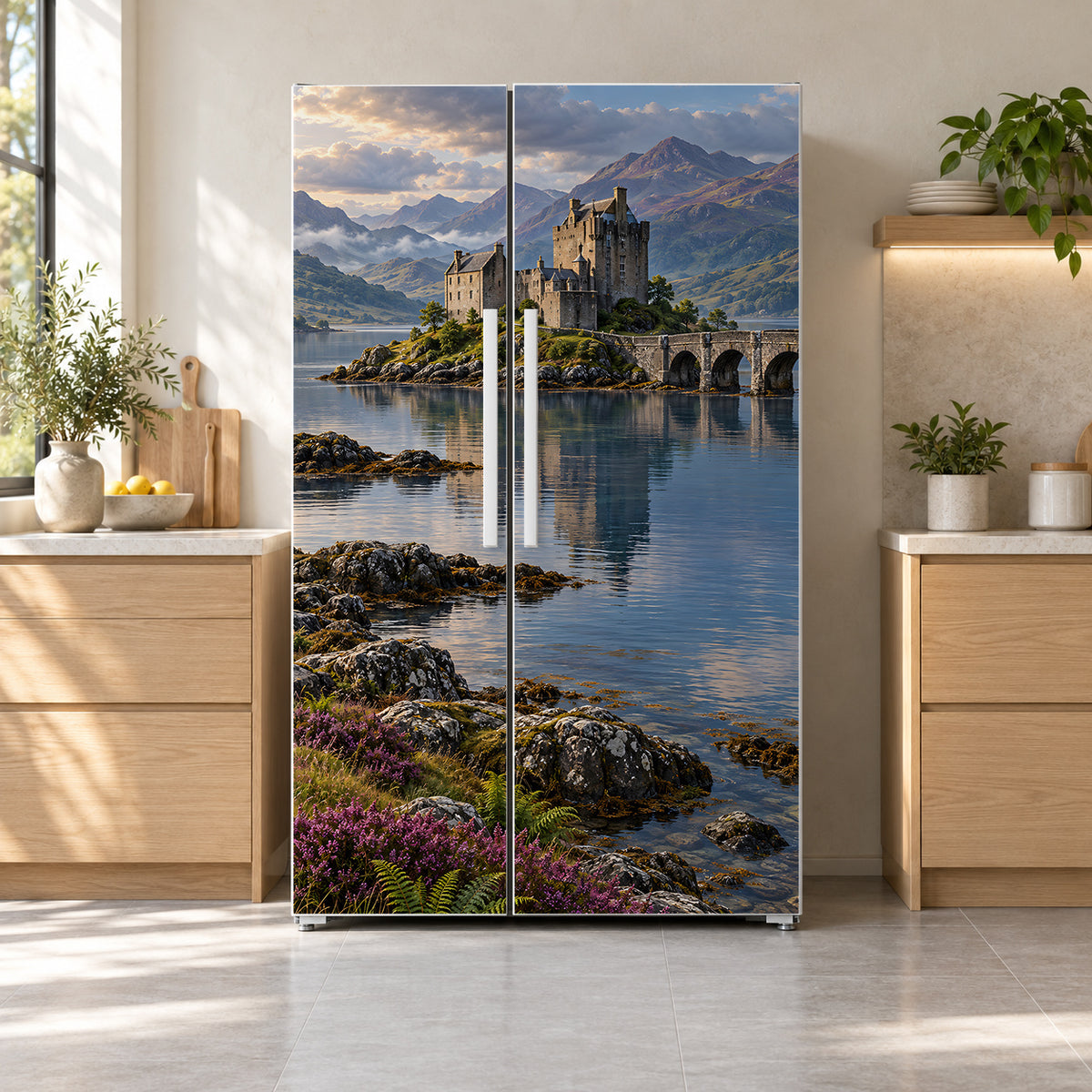 Scottish Highlands Castle fridge wrap on a side-by-side refrigerator