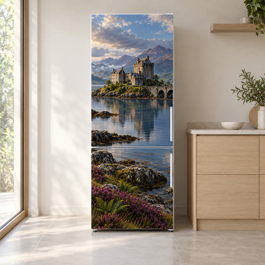 Scottish Highlands Castle fridge wrap on a white refrigerator in a bright kitchen
