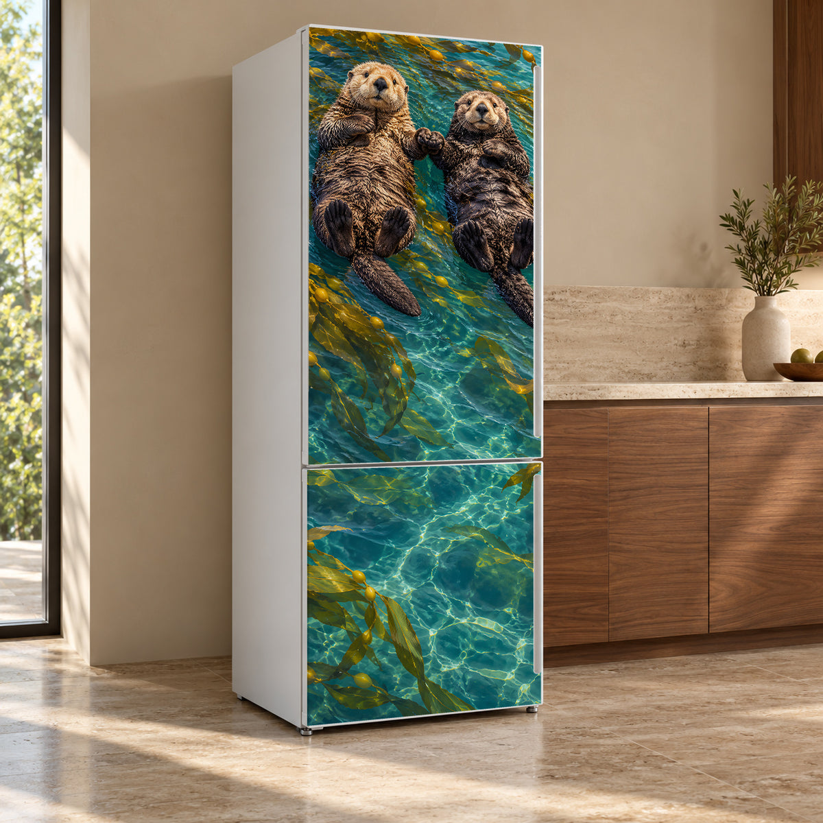 Sea Otters fridge wrap, refrigerator shown at an angle