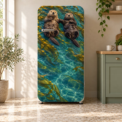 Sea Otters fridge wrap on a retro refrigerator