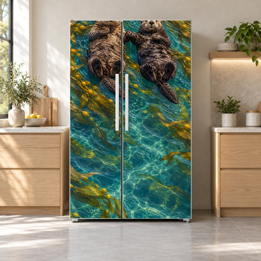 Sea Otters fridge wrap on a side-by-side refrigerator