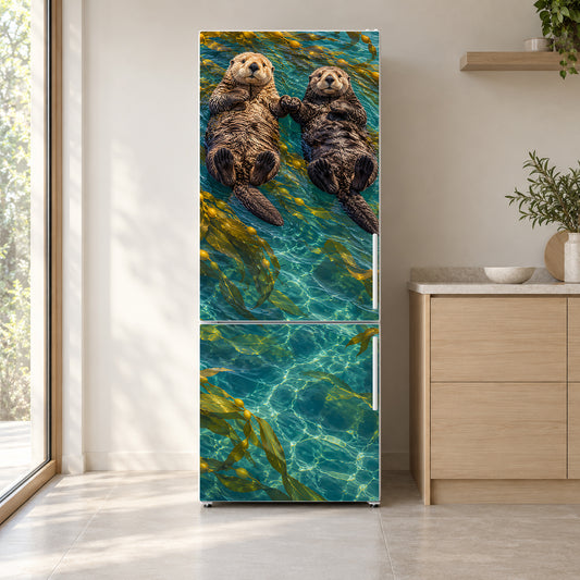 Sea Otters fridge wrap on a white refrigerator in a bright kitchen