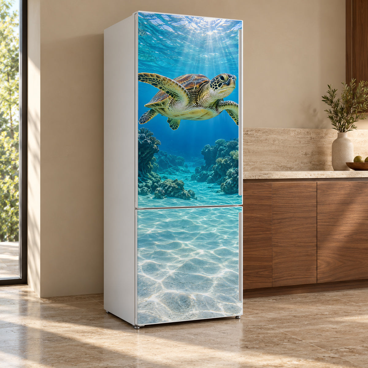 Sea Turtle fridge wrap, refrigerator shown at an angle