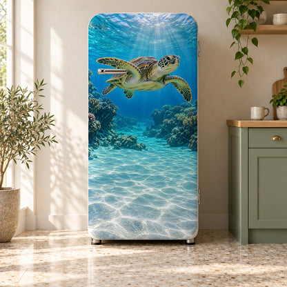 Sea Turtle fridge wrap on a retro refrigerator