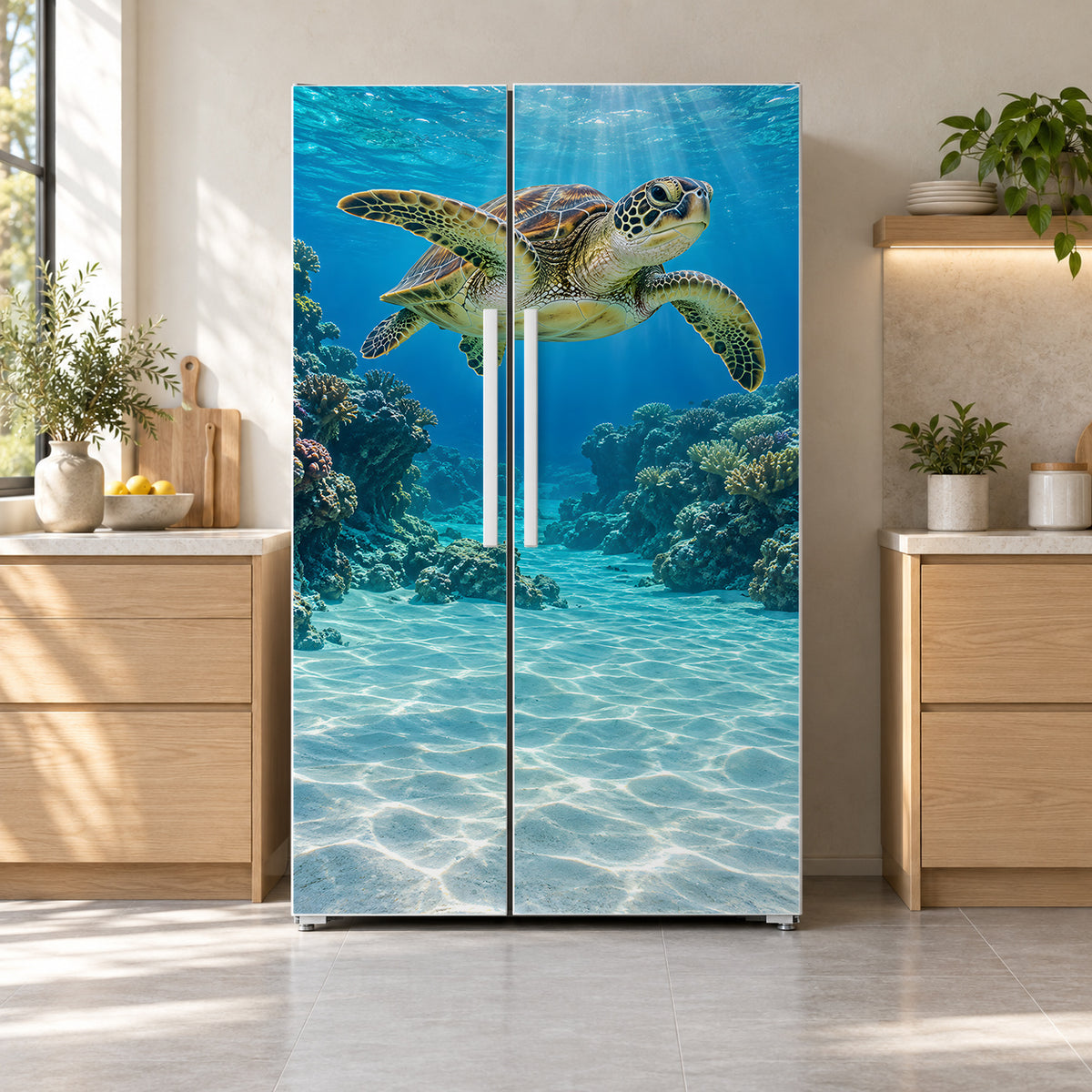 Sea Turtle fridge wrap on a side-by-side refrigerator
