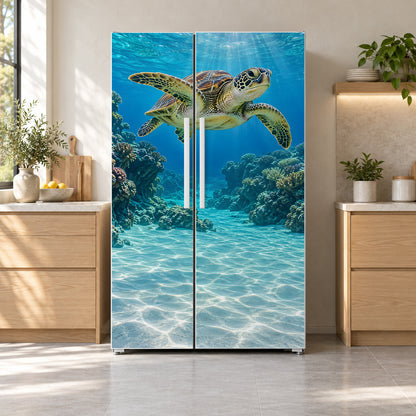 Sea Turtle fridge wrap on a side-by-side refrigerator